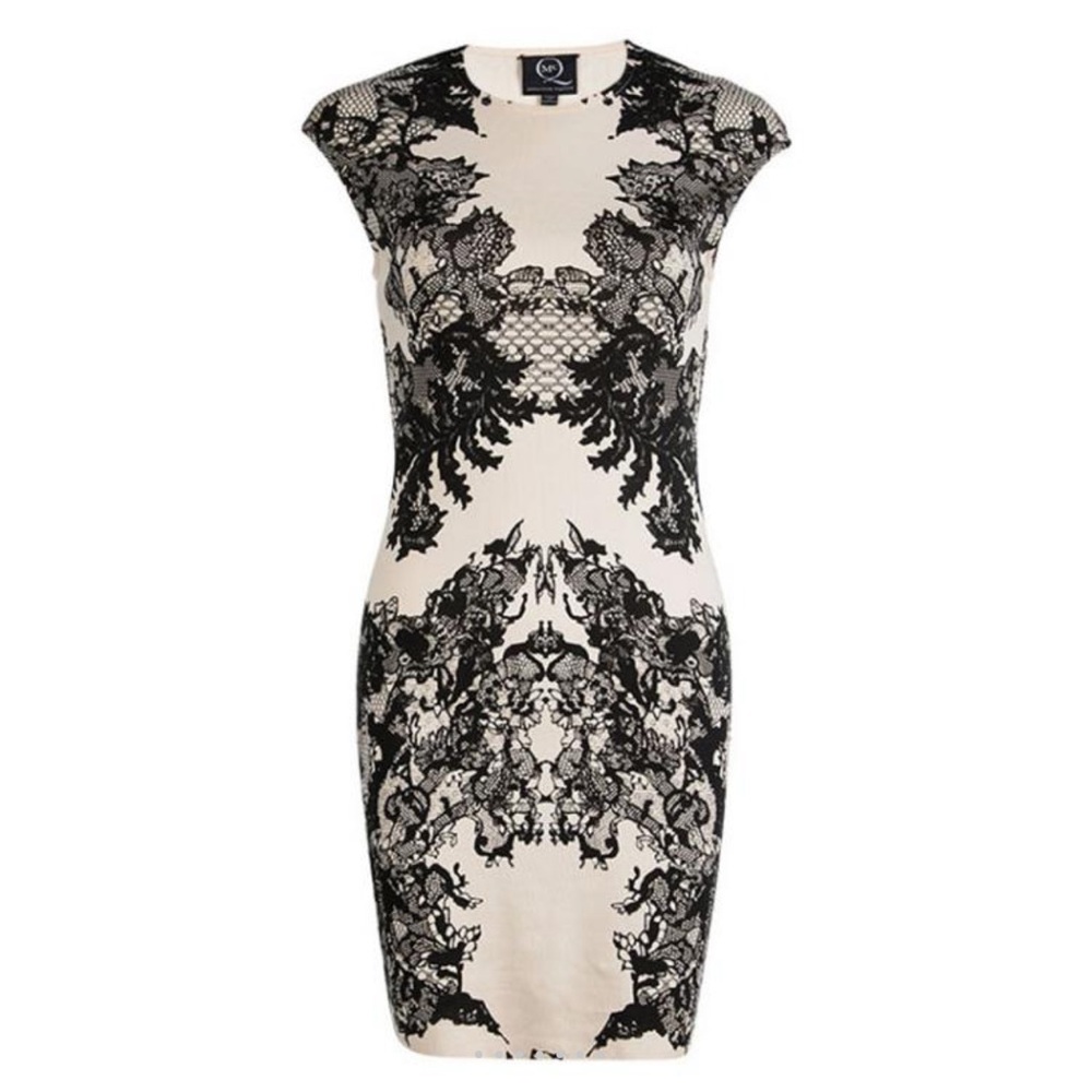 Alexander McQueen McQ Flesh/Cream and Black Lace print bodycon dress. XS NWT